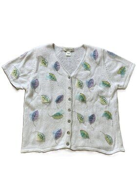 Susan Bristol Short Sleeve Cardigan Sweater Pastel Leaf Applique Vintage Y2K